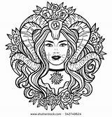 Capricorn Coloring Woman Zodiac Astrology Beautiful Horns Hand Drawn Illustration Tattoo Book Shirt Sign Shutterstock Designlooter Drawings Draw Choose Board sketch template