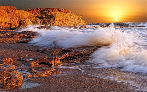 sunset beach ocean waves wallpaper