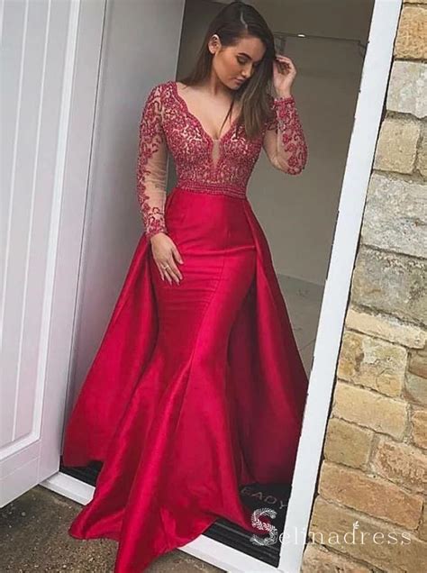 Long Sleeve Mermaid Prom Dresses Long Red Lace Gorgeous Formal Gowns