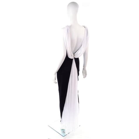 vintage tadashi black evening gown dress w open low back and white