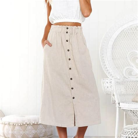 2018 fashion summer cute solid beige button mid calf women skirt
