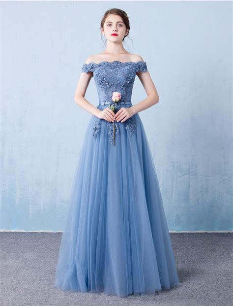 chic a line off the shoulder blue tulle beading modest long prom dress