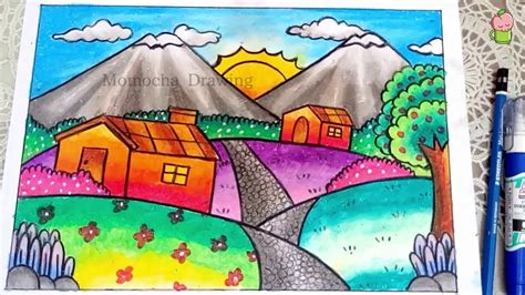 contoh gambar teknik mewarnai gunung dengan crayon kataucap