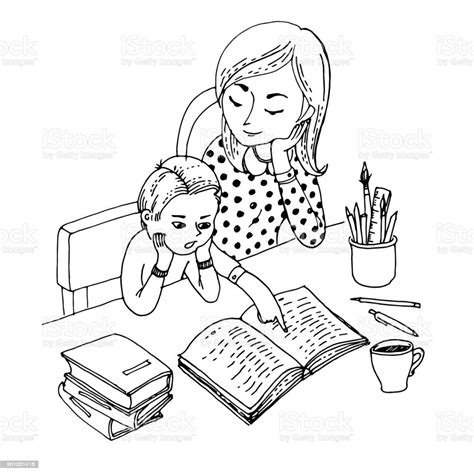 black and white vector illustration for coloring book mother teaching