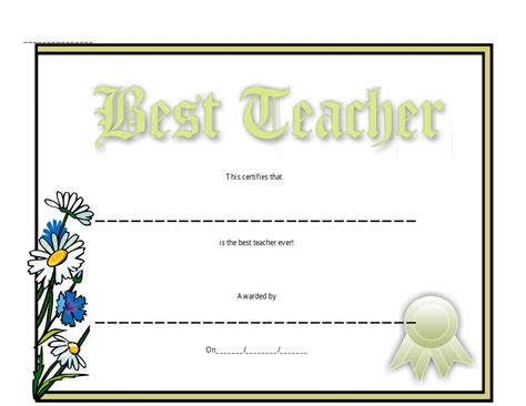 teacher certificate template flowers  printable
