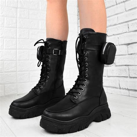 womens pocket belted combat ankle boots oversize chunky tread sole boots size ebay