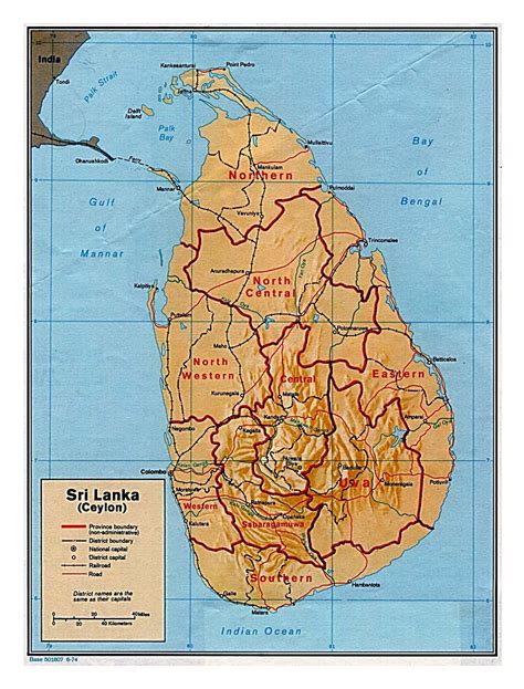 detailed political  administrative map  sri lanka  relief roads railroads  major