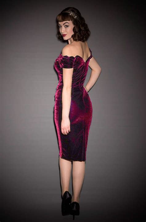 1950 s style magenta velvet bardot off the shoulder fatale wiggle dress by the pretty dress