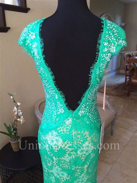 sexy deep v neck low back cap sleeve green lace beaded