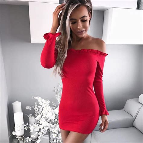 off shoulder bodycon dress red knit dress long sleeve