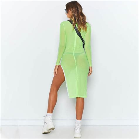 new sexy neon green mesh sheer splits clothes long sleeve women dress