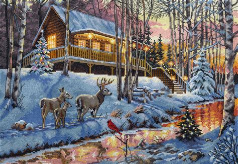 dimensions  gold collection    winter cabin counted cross