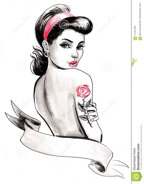 pin up beauty with a tattoo stock illustration