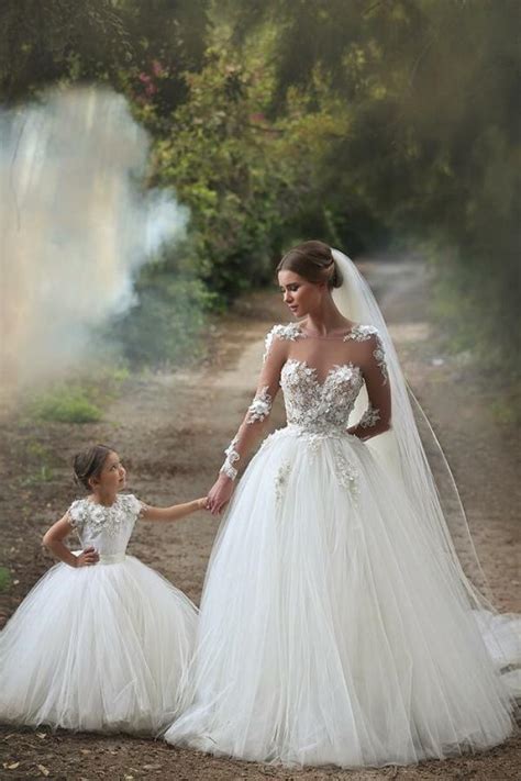 white long sleeve tulle princess wedding dresses floor length ball gown flowers bridal gowns