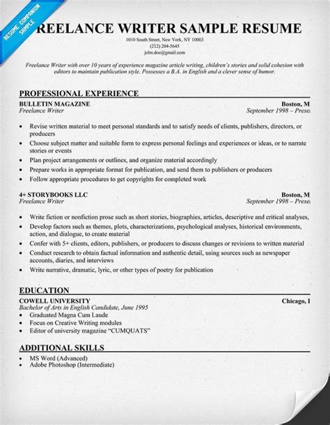 freelance writer resume  resumecompanioncom resume samples
