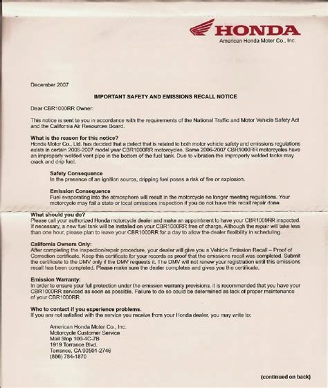 honda safety recall    cbrrr sportbikesnet