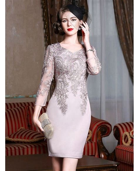 Long Sleeve Embroidered Cocktail Dress For Women Over 40 50 Wedding