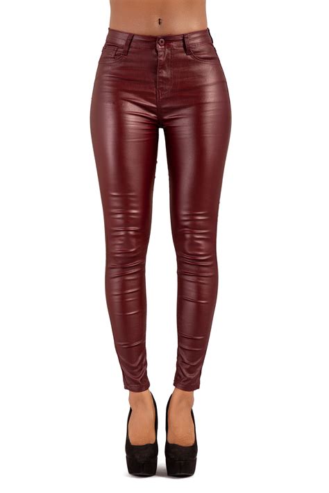 womens burgundy leather look trousers ladies sexy skinny fit jeans