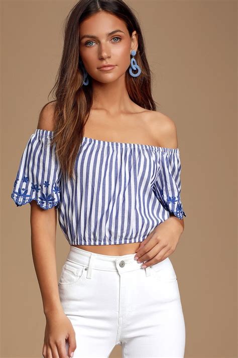 cute blue striped top off the shoulder embroidered crop top lulus