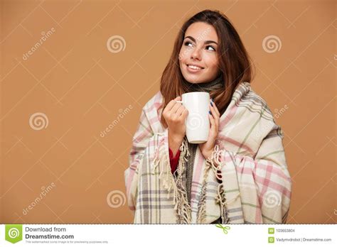 portrait   lovely young girl covered  blanket stock photo image
