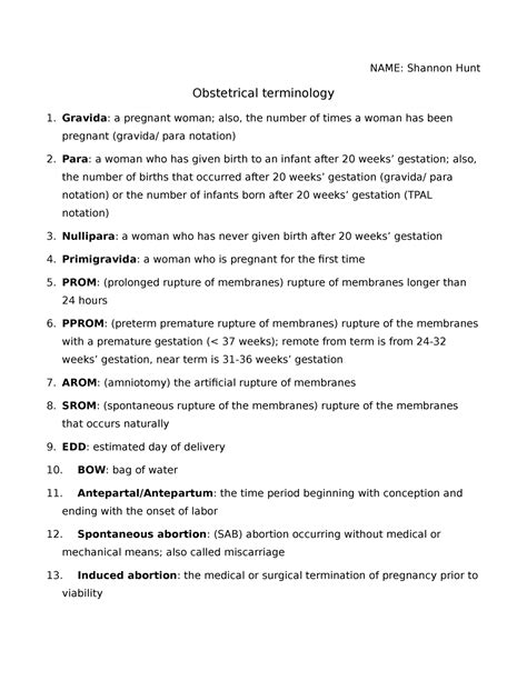 obstetrical terminology worksheet  shannon hunt obstetrical