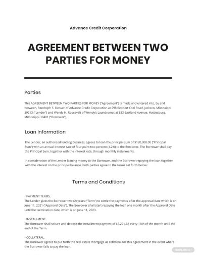 agreement   parties  money samples   ms word