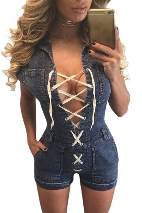 Women Sexy V Neck Short Sleeve Lace Up Jean Romper Online Store For
