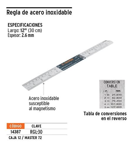Regla Metalica Acero Inoxidable 30 Centimetros Truper 14387 Rexvare