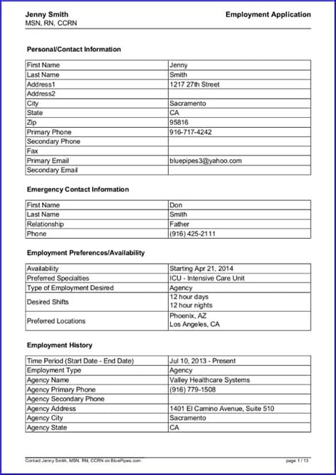 job application template  nurses job application