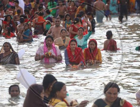 Image Of Indian Hindu Girl Devotees Taking Holy Bath In River Krishna