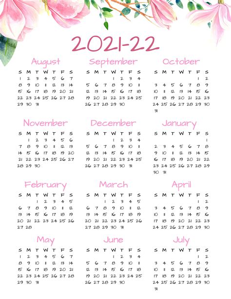 Calendario 2021 22 Calendario Imprimible De Un Vistazo Etsy