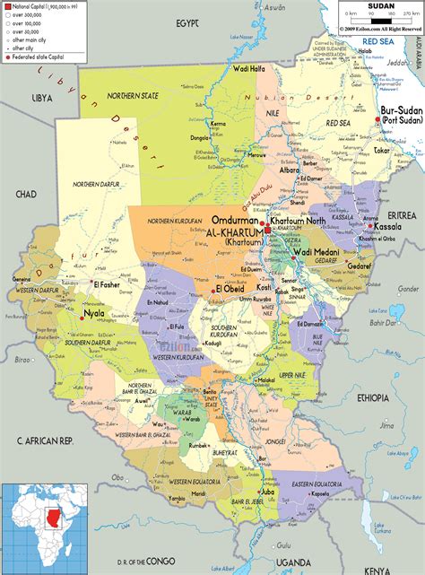 detailed political map  sudan ezilon maps