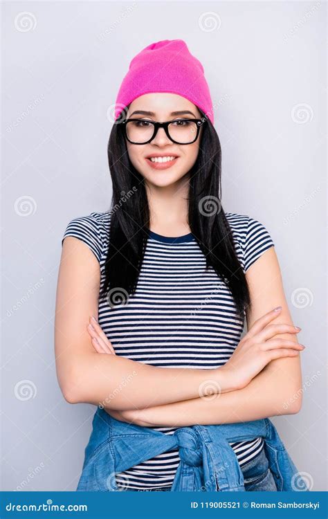 Young Smart Cute Brunette In Stylish Black Glasses Is Standing W Stock