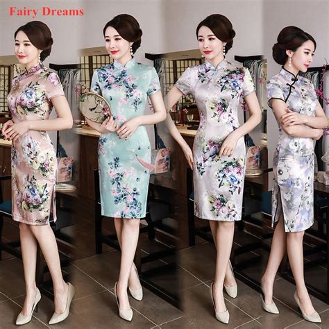 chinese dress qipao for women vintage cheongsam short sleeve print