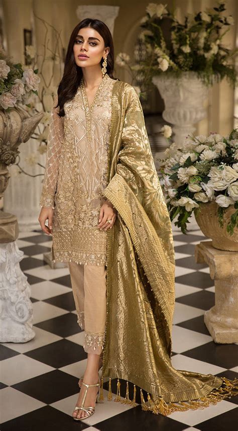 Pakistani Embroidered Organza Dresses In Skin Gold Color Nameera By