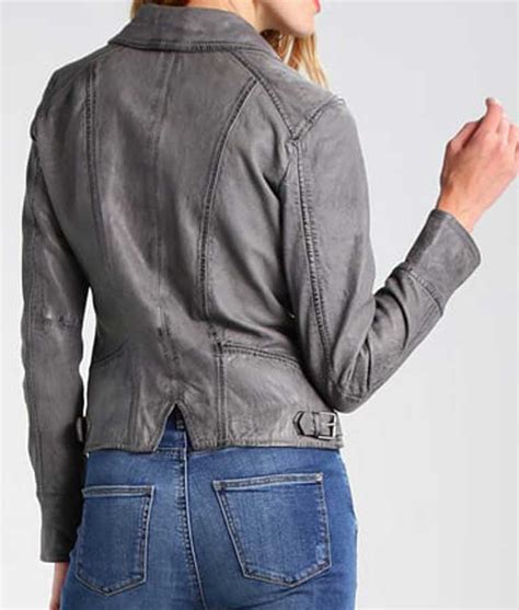 Womens Multi Pockets Motorcycle Style Grey Leather Jacket