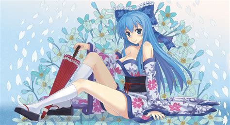 Blue Eyes Blue Hair Bow Breasts Cleavage Japanese Clothes Kimono