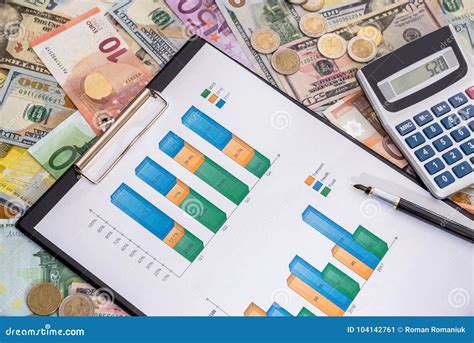 ons dollarrekeningen en euro bankbiljet en calculator op de grafiek stock afbeelding image