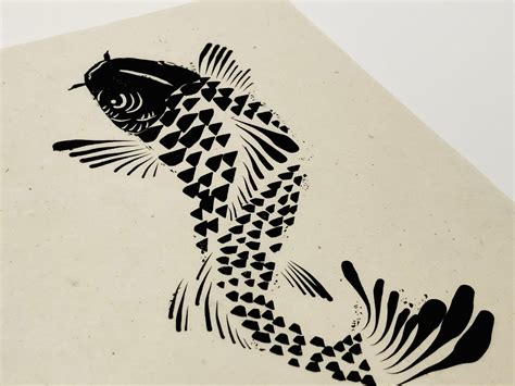 japanese koi fish print lino style print handmade simple etsy  zealand