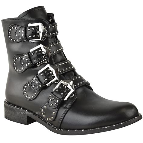 womens ladies studded buckle ankle boots chelsea biker punk strappy size ebay