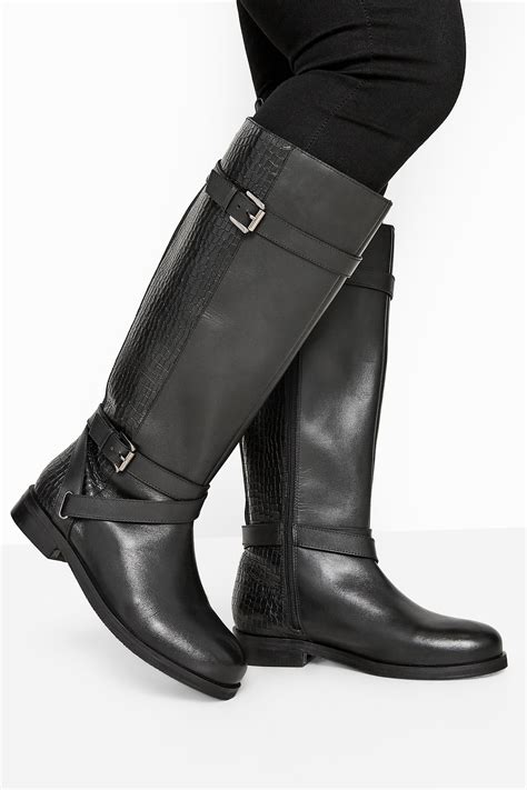black leather buckle calf knee high riding boots  extra wide fit  clothing