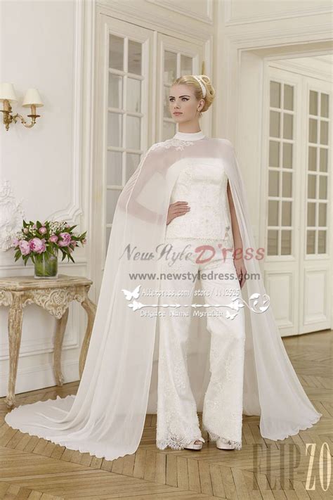 Elegant Wedding Pant Suit Lace Dress With Chiffon Cloak