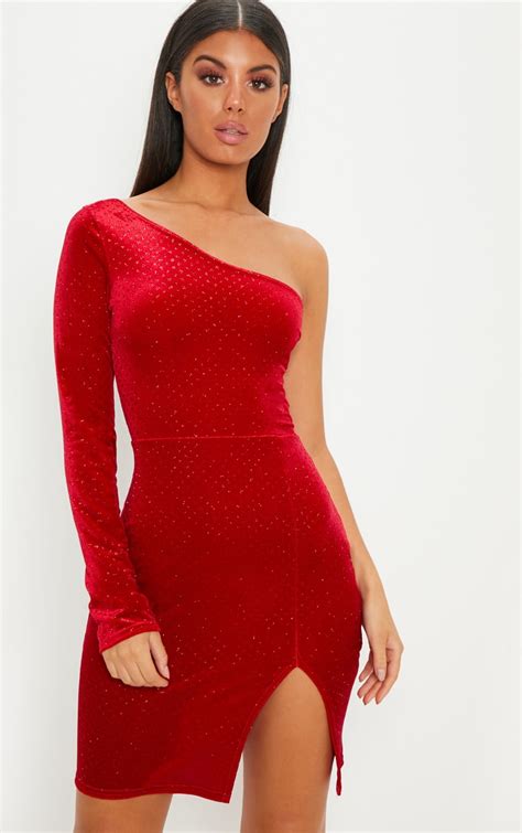 Red Velvet Glitter Long Sleeve Dress Prettylittlething Usa