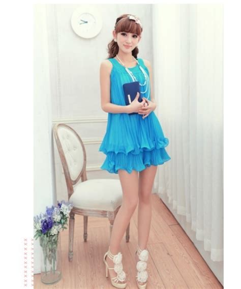 Sky Blue Women Korean Fashion Sleeveless Solid Color Chiffon Dress