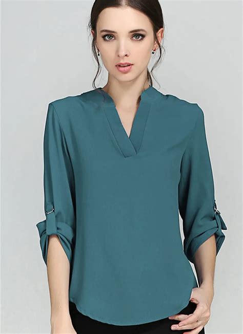 blouses womens fashion novelties european style solid elegant  neck chiffon blouses long