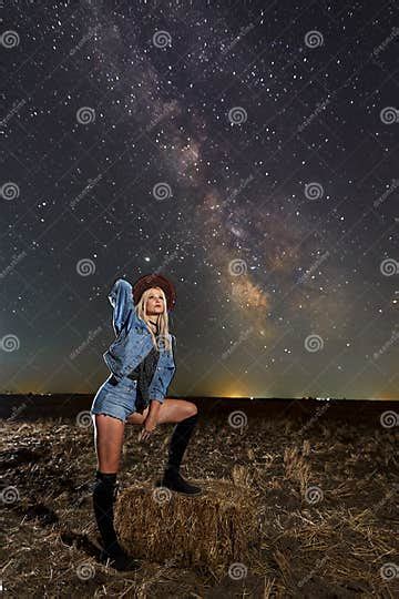 gorgeous cowgirl under milky way stock image image of darkness