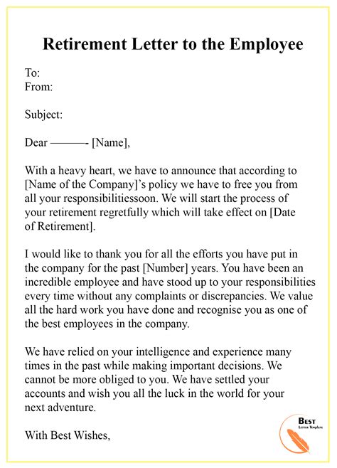 retirement letter   employee  letter template