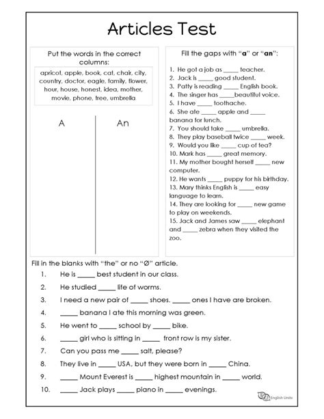 english unite grammar worksheets articles