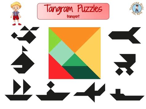 printable tangram puzzles transport shapes treasure hunt  kids