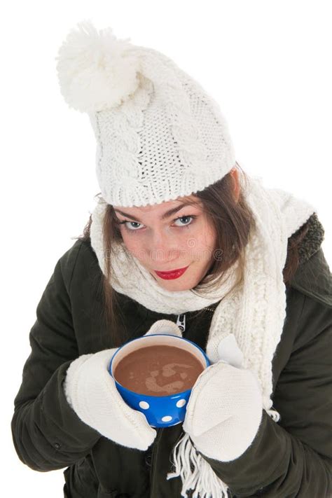 Portrait Winter Girl With Hot Chocolate Stock Image Image Of Brunette